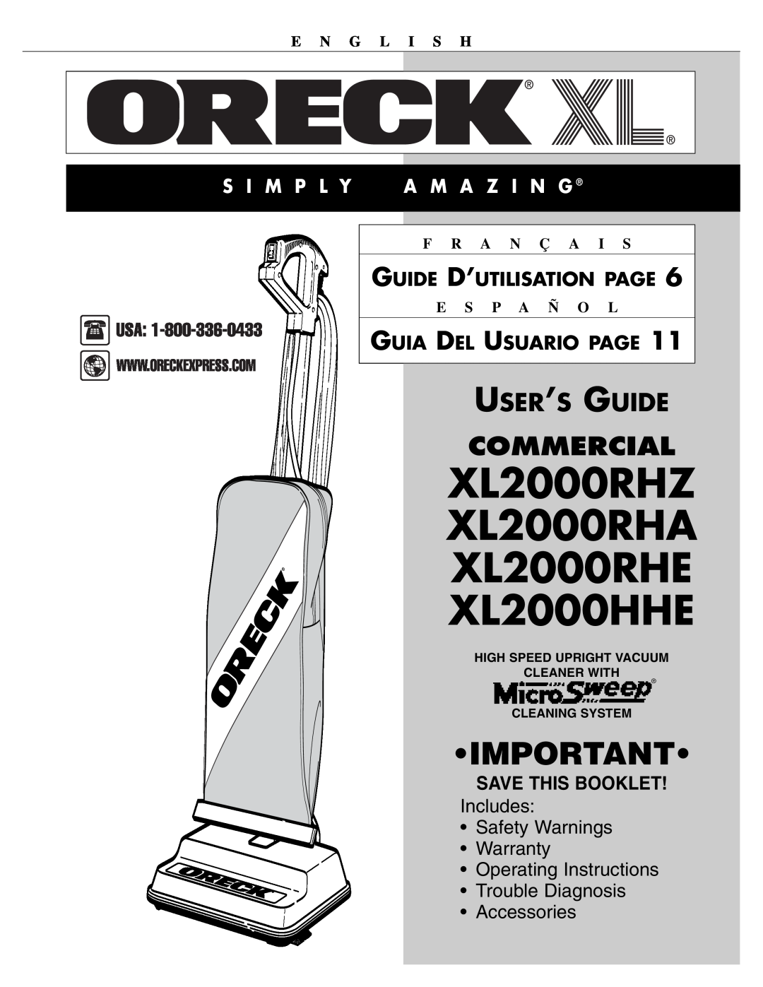 Oreck XL2000HHE warranty Save This Booklet, E N G L I S H, F R A N Ç A I S, E S P A Ñ O L, Commercial, User’S Guide 