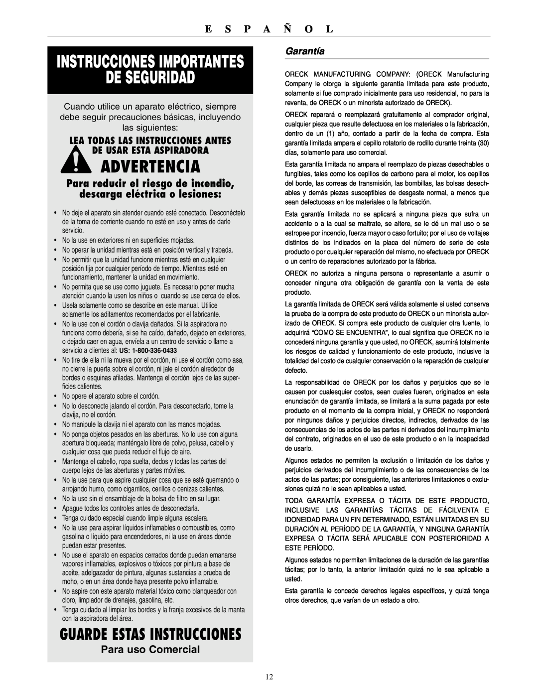 Oreck XL2000HHE De Seguridad, Advertencia, Instrucciones Importantes, Guarde Estas Instrucciones, Para uso Comercial 
