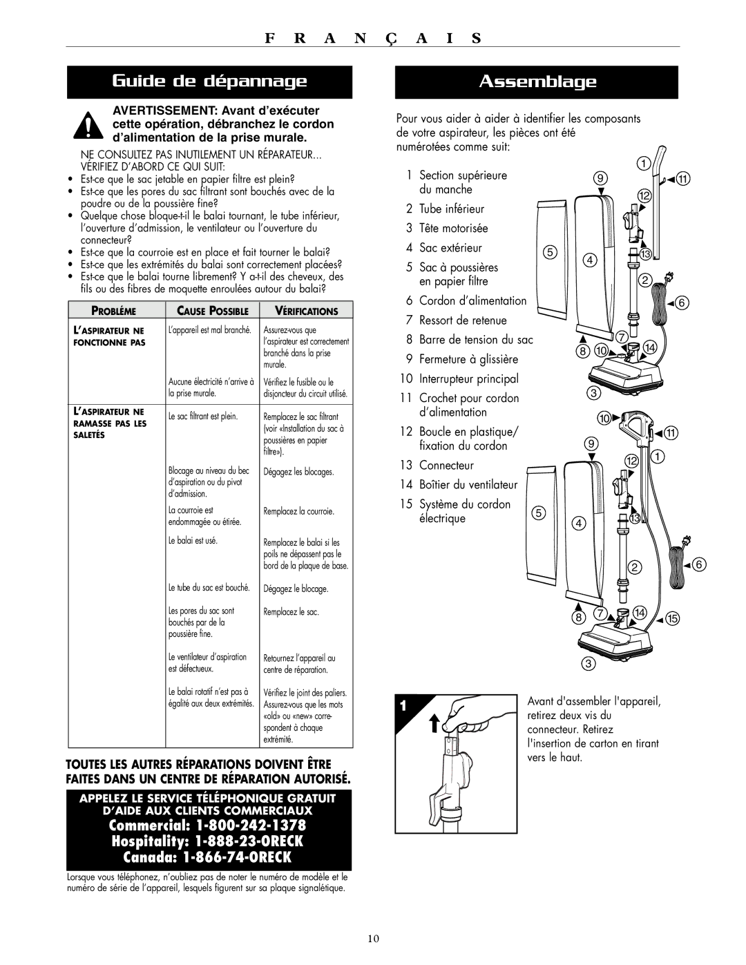 Oreck XL2000RS, XL2000RH Guide de dépannage, Assemblage, Ressort de retenue Barre de tension du sac, Fermeture à glissière 