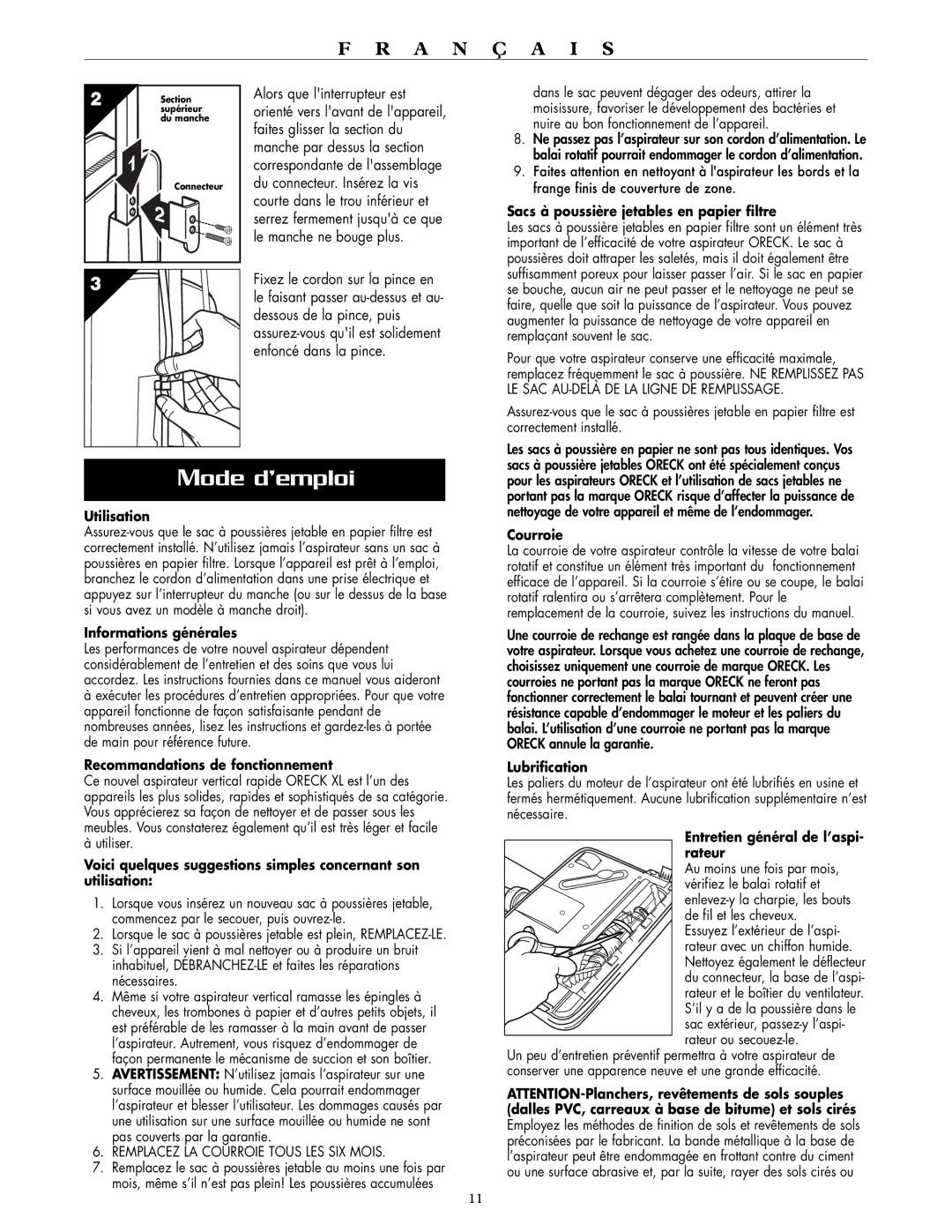 Oreck XL2000RH, XL2000RS warranty Mode d’emploi 