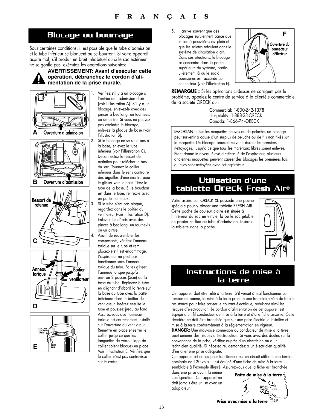 Oreck XL2000RH, XL2000RS Blocage ou bourrage, Utilisation d’une, Tablette Oreck Fresh Air, Instructions de mise à La terre 