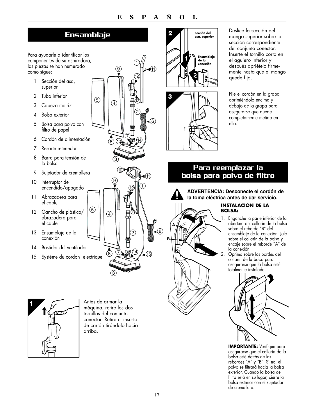 Oreck XL2000RH, XL2000RS warranty Ensamblaje, Para reemplazar la, Bolsa para polvo de filtro 