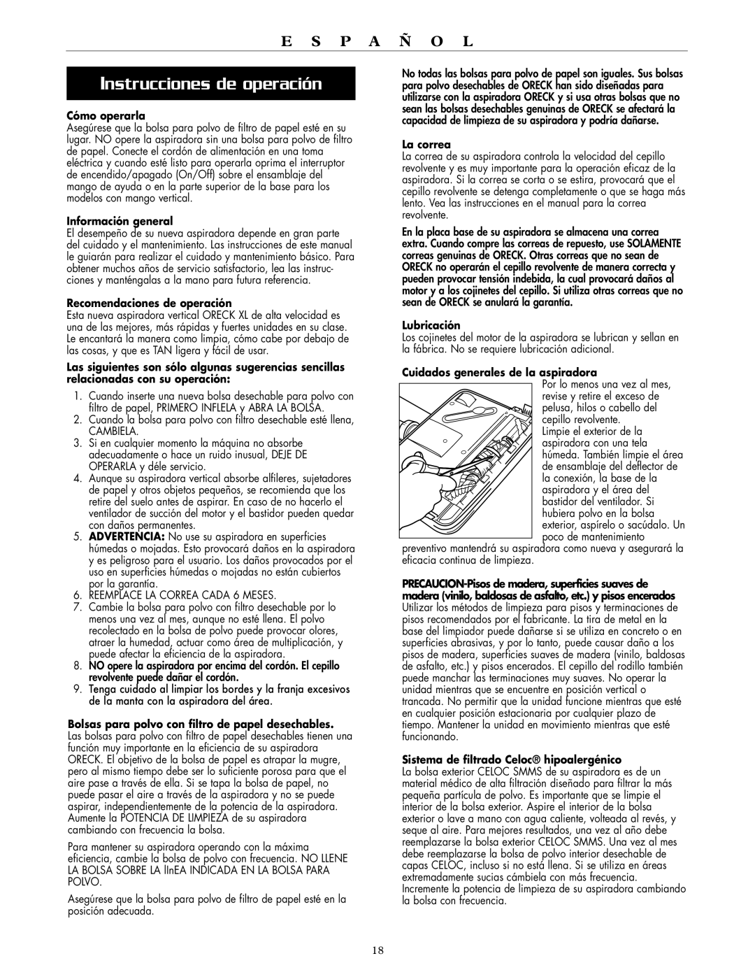 Oreck XL2000RS, XL2000RH warranty Instrucciones de operación 