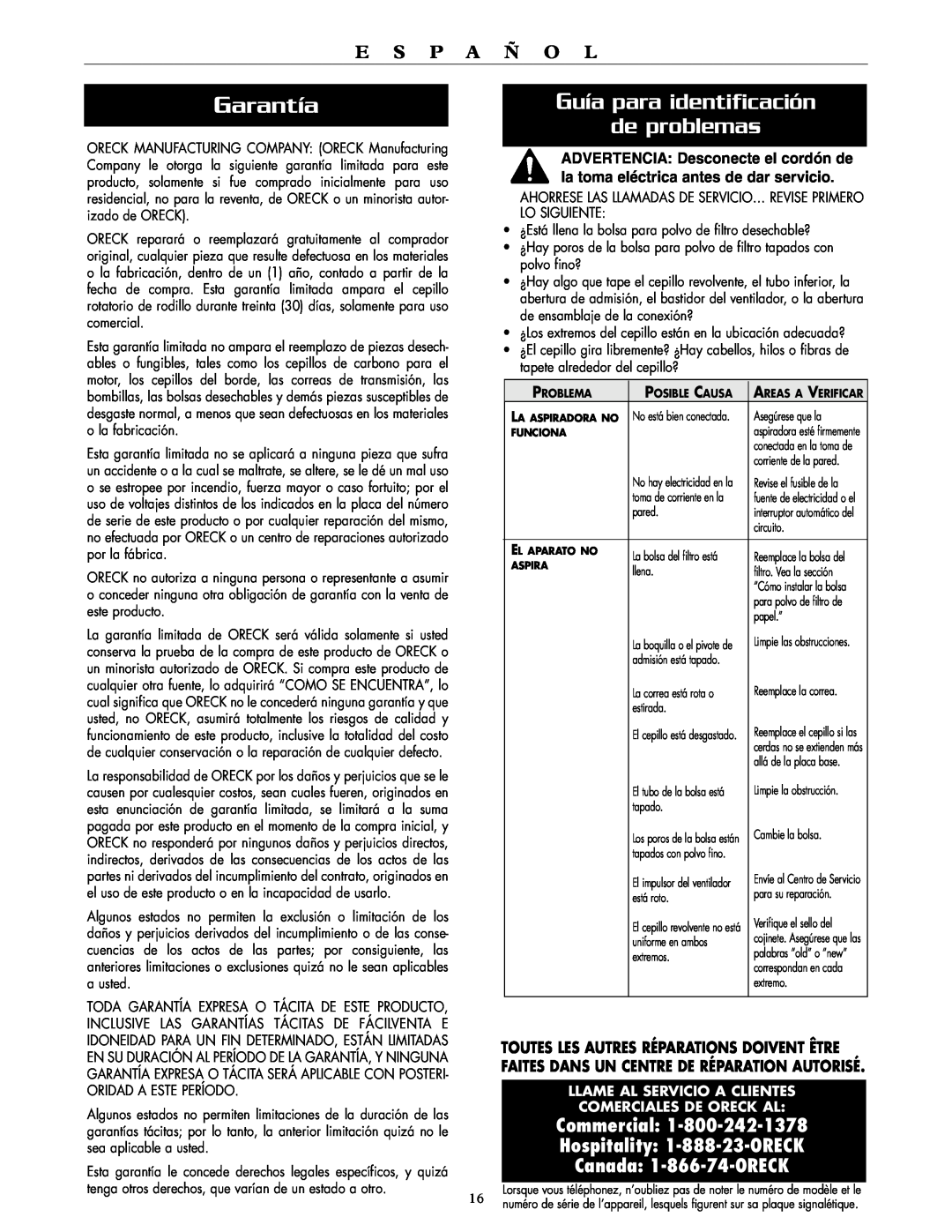 Oreck XL2000RS Garantía, Guía para identificación de problemas, E S P A Ñ O L, Commercial Hospitality 1-888-23-ORECK 
