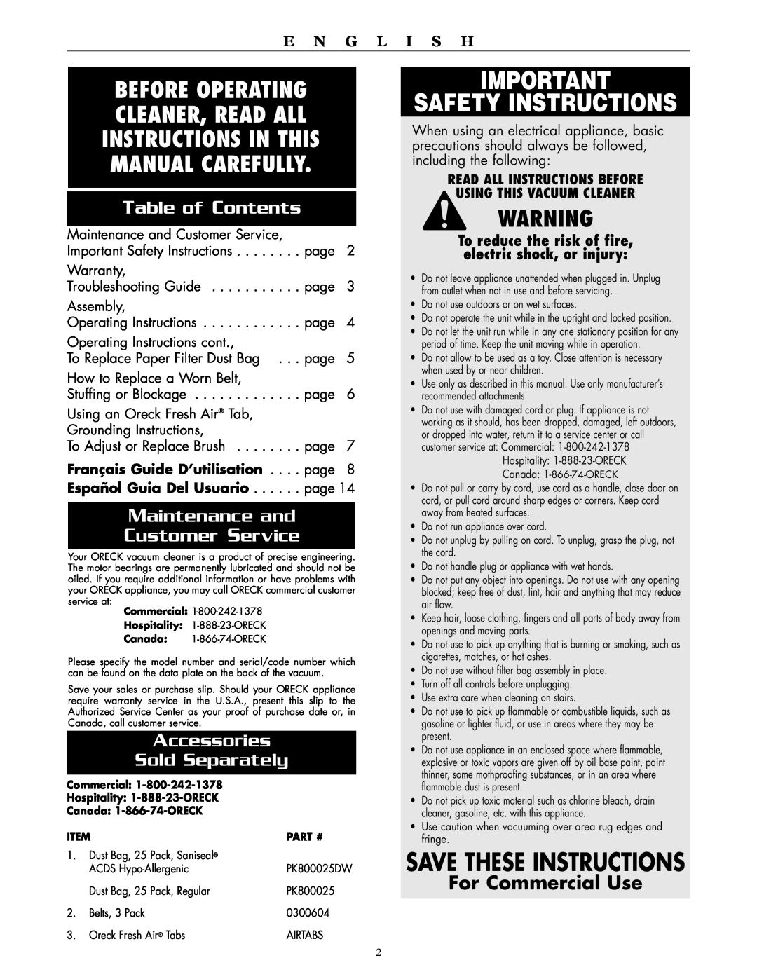 Oreck XL2000RS, XL2000RH Safety Instructions, Save These Instructions, Table of Contents, Maintenance and Customer Service 