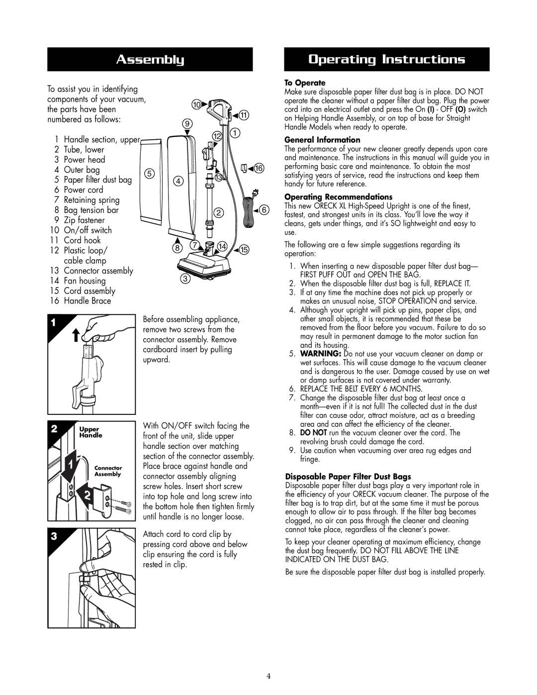 Oreck XL2070RHSM warranty Assembly Operating Instructions 