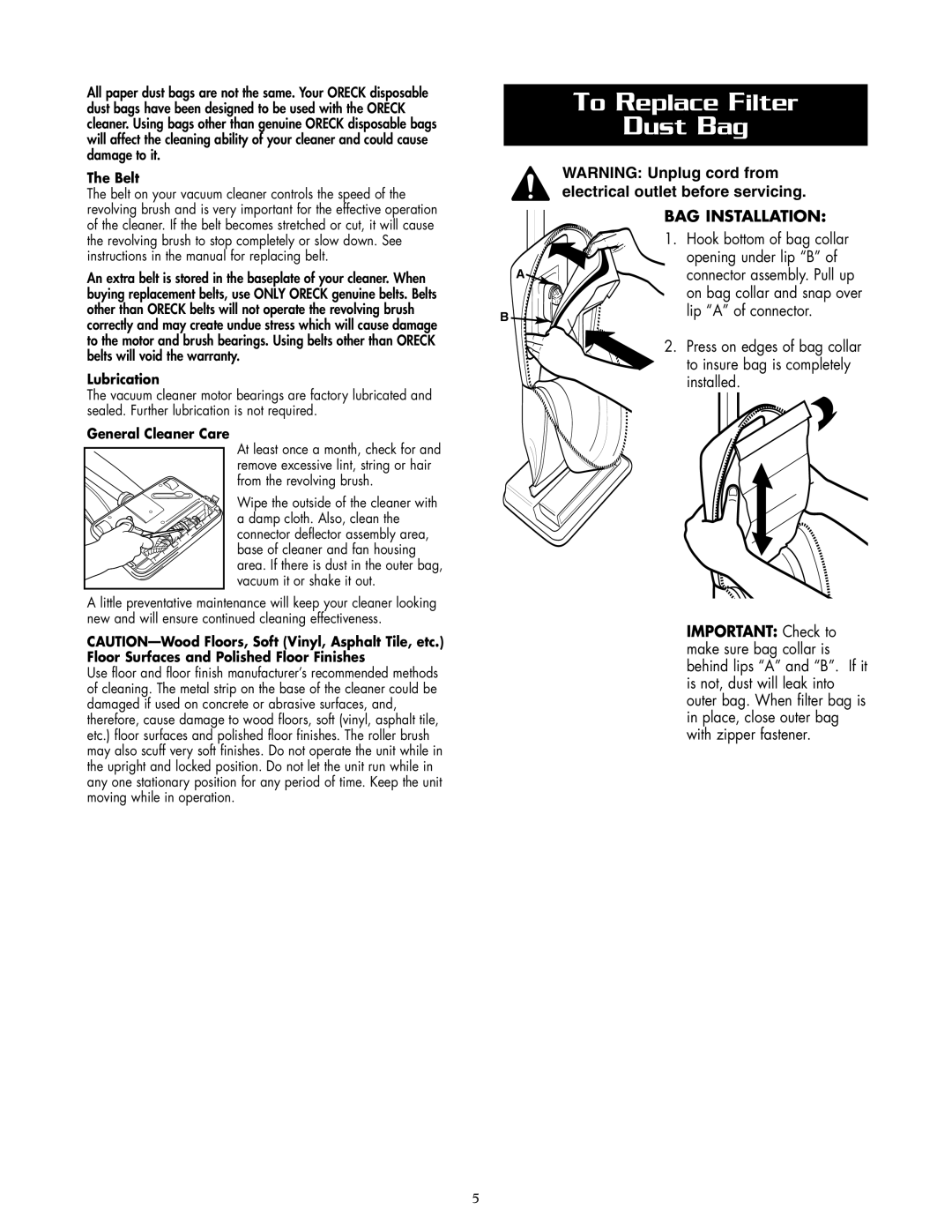 Oreck XL2070RHSM warranty Hook bottom of bag collar, Opening under lip B, Lip a of connector, Installed 