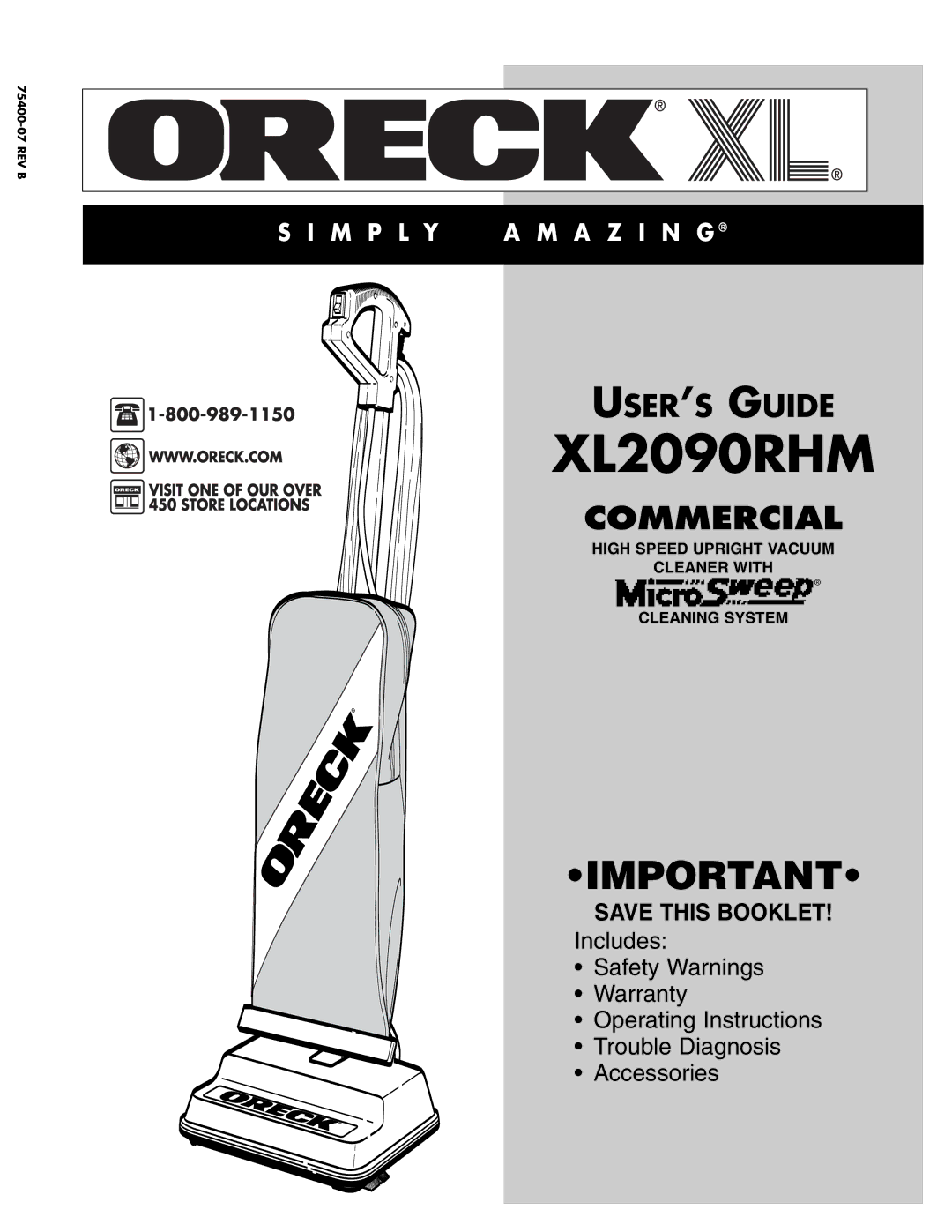 Oreck XL2090RHM warranty 