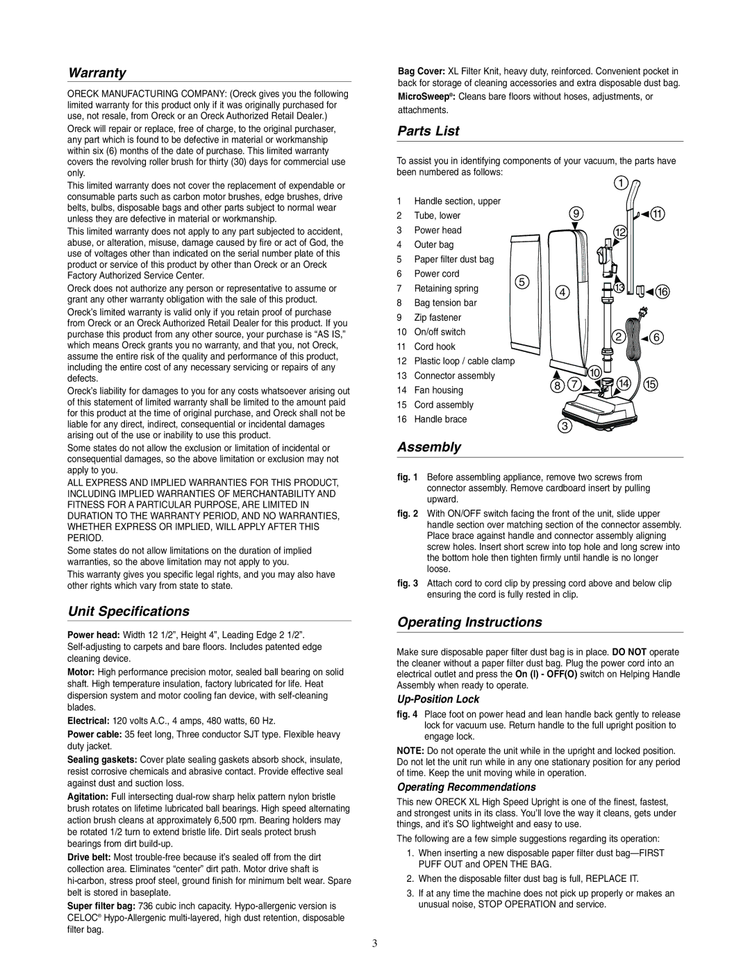 Oreck XL2090RHM warranty Warranty, Unit Specifications, Parts List, Assembly, Operating Instructions 