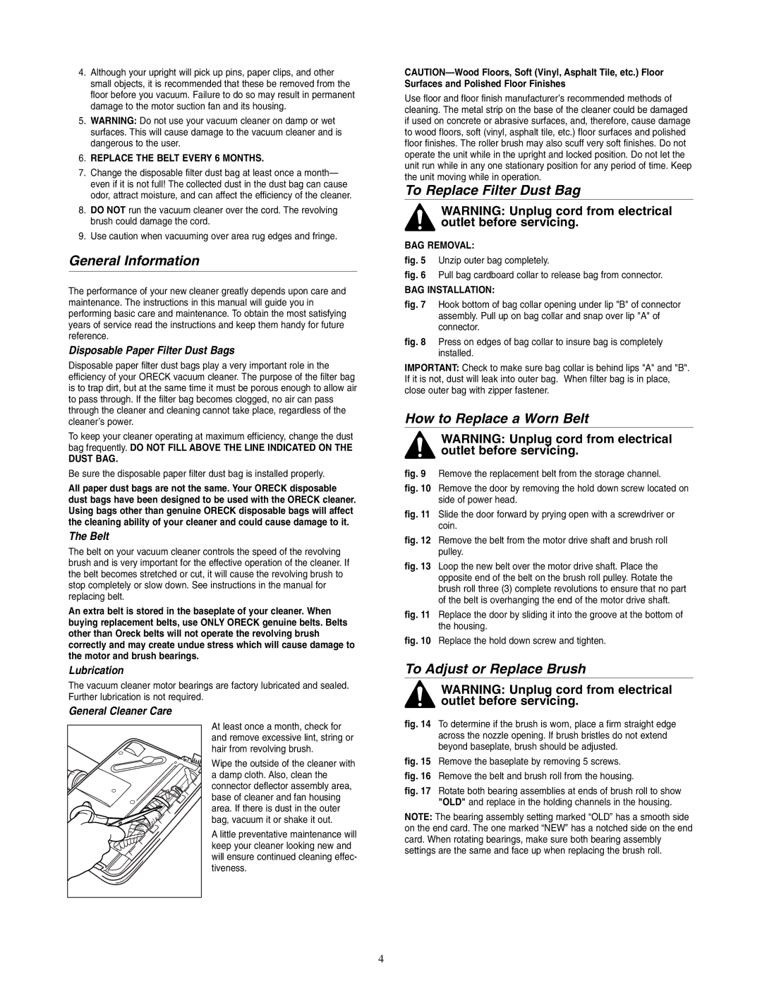 Oreck XL2090RHM General Information, To Replace Filter Dust Bag, How to Replace a Worn Belt, To Adjust or Replace Brush 