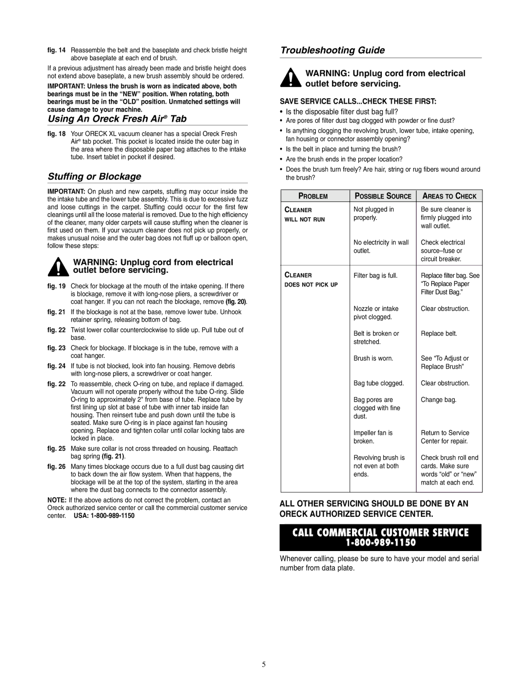 Oreck XL2090RHM warranty Using An Oreck Fresh Air Tab, Stuffing or Blockage, Troubleshooting Guide 