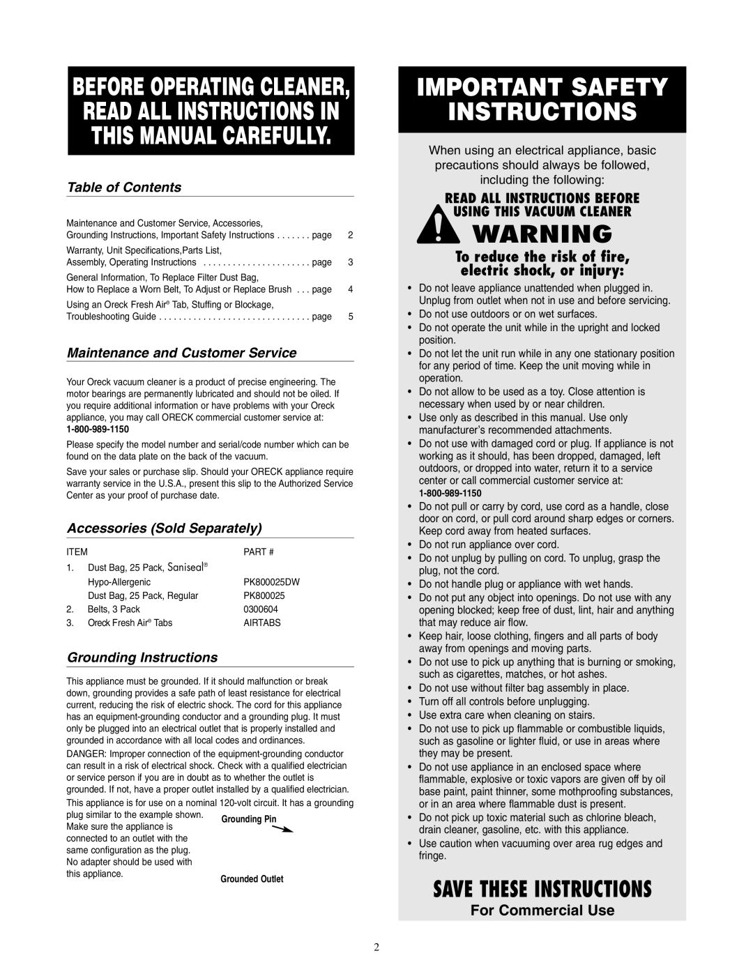 Oreck XL2090RSM Table of Contents, Maintenance and Customer Service, Accessories Sold Separately, Grounding Instructions 