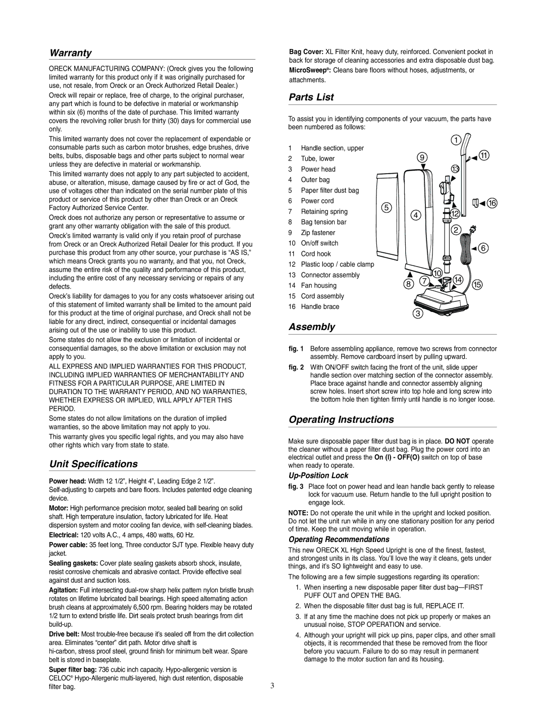 Oreck XL2090RSM warranty Warranty, Unit Specifications, Parts List, Assembly, Operating Instructions 