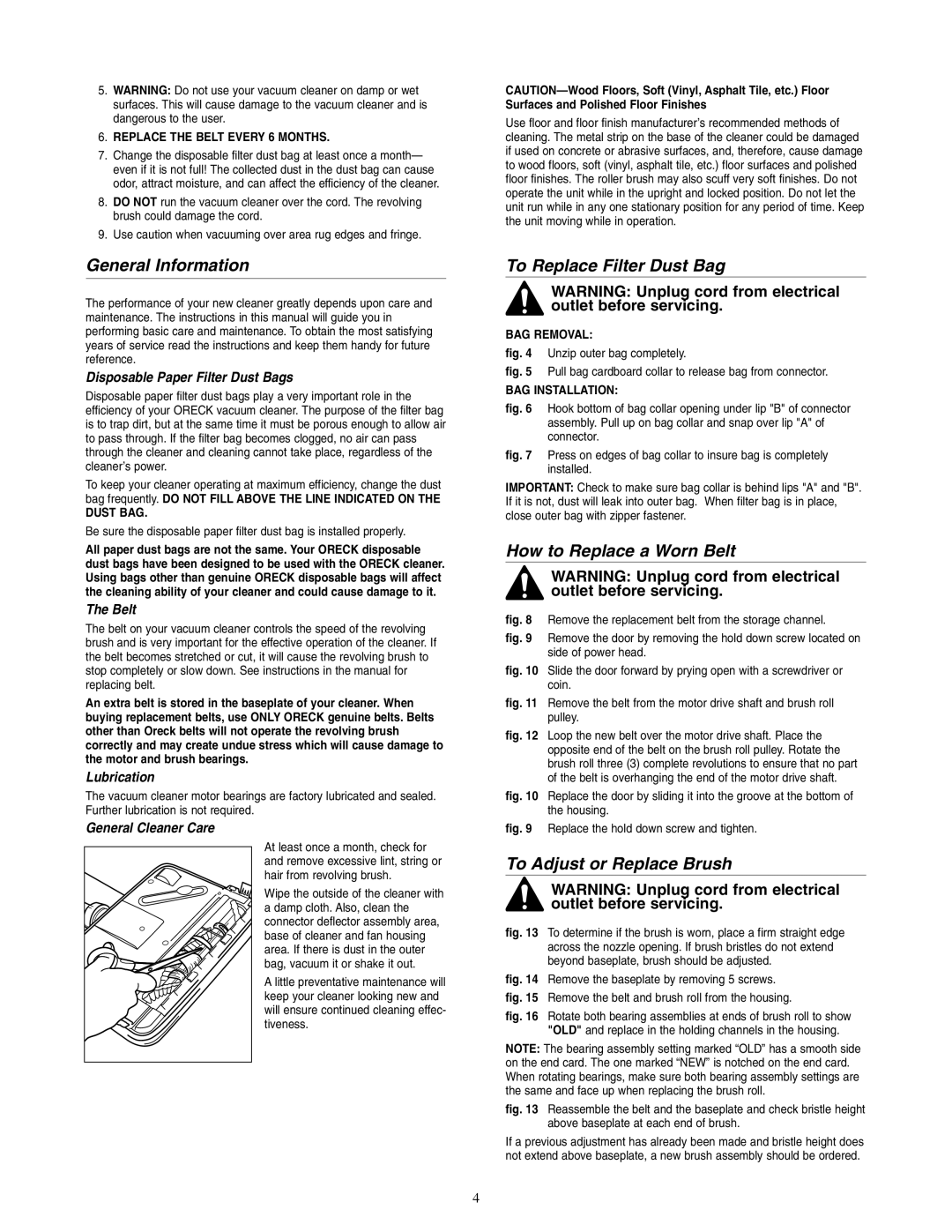 Oreck XL2090RSM General Information, To Replace Filter Dust Bag, How to Replace a Worn Belt, To Adjust or Replace Brush 