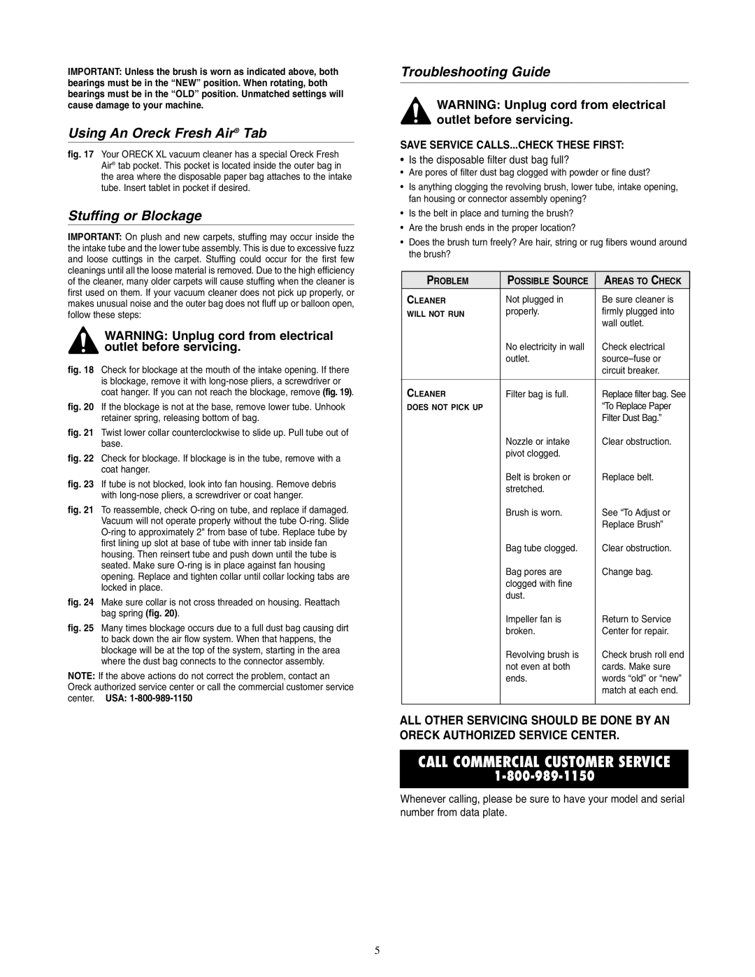 Oreck XL2090RSM warranty Using An Oreck Fresh Air Tab, Stuffing or Blockage, Troubleshooting Guide 