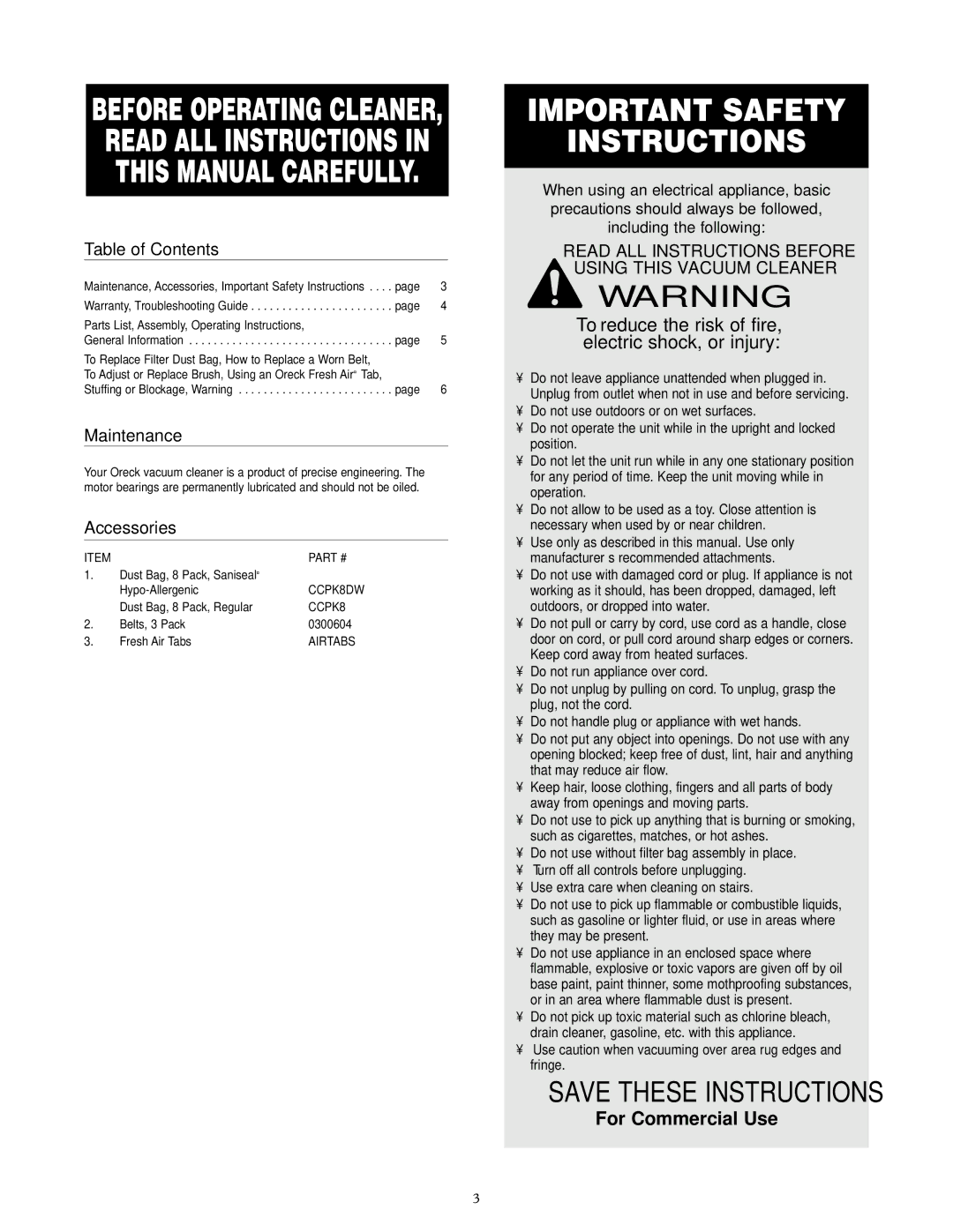 Oreck XL20R7RH warranty Table of Contents, Maintenance, Accessories 