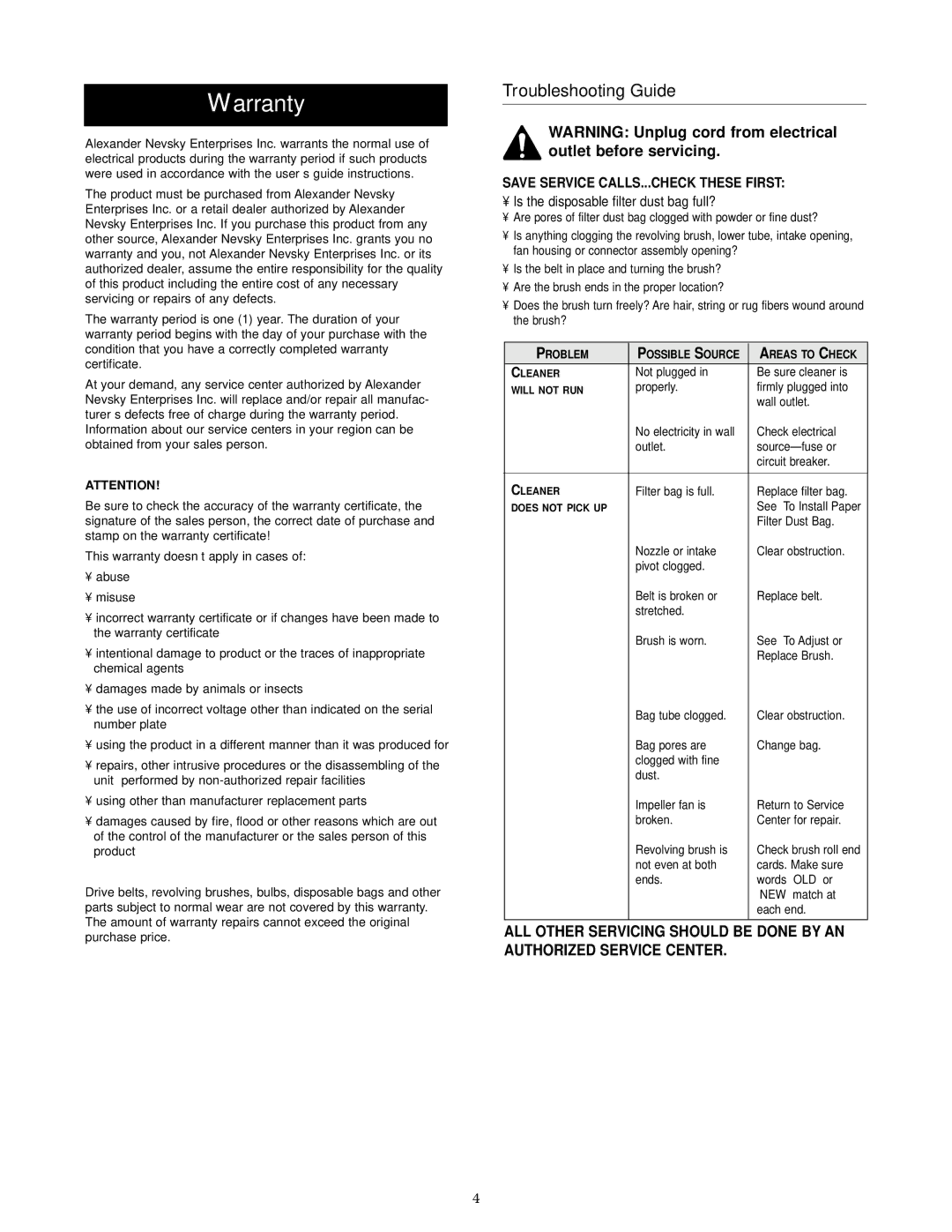 Oreck XL20R7RH warranty Warranty, Troubleshooting Guide 