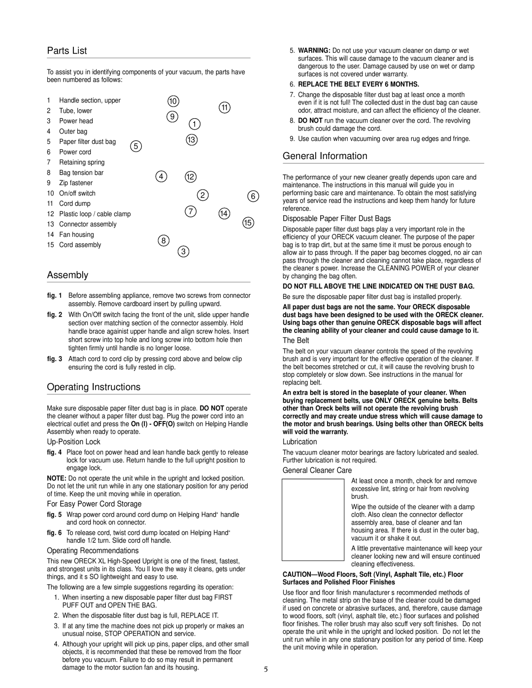 Oreck XL20R7RH warranty Parts List, Assembly, Operating Instructions, General Information 