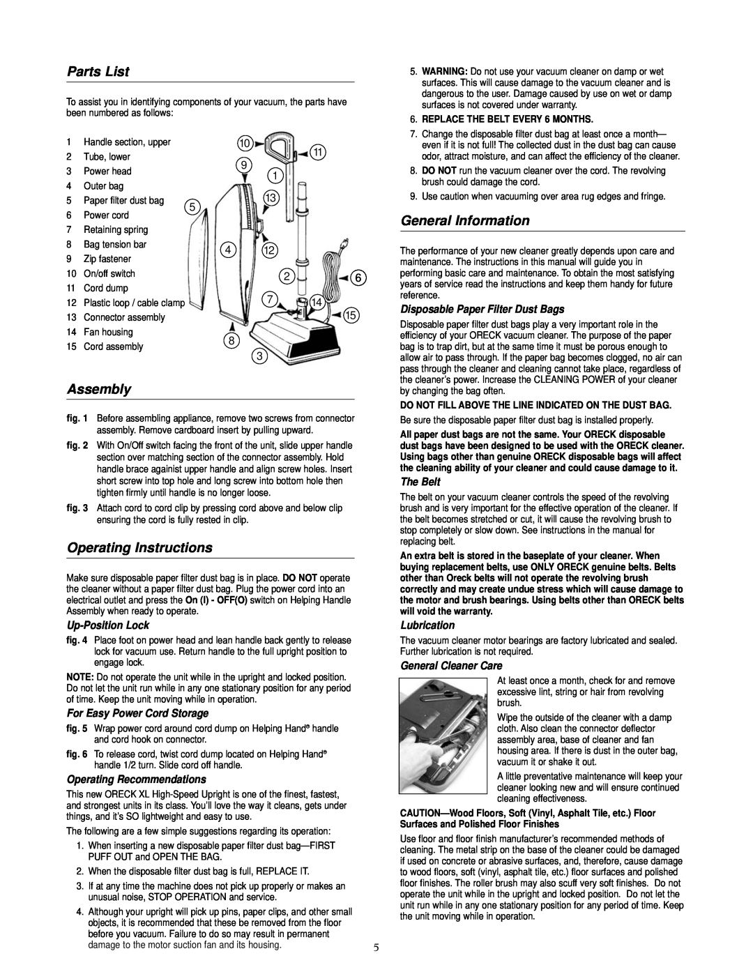 Oreck XL20R7RH Parts List, Assembly, Operating Instructions, General Information, Up-PositionLock, The Belt, Lubrication 