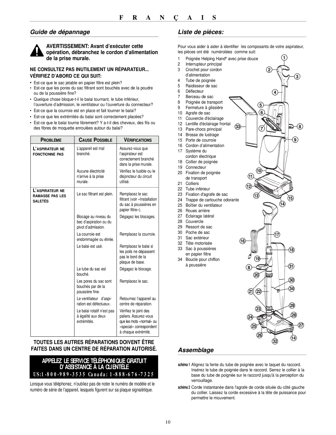 Oreck 600 ECC, XL21 600 ECB warranty Guide de dépannage, Liste de pièces, Assemblage 