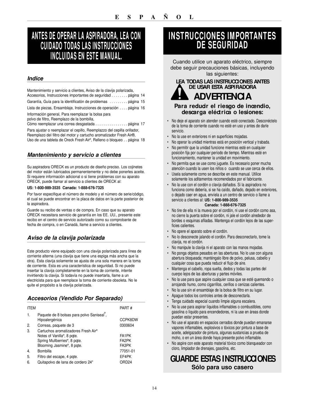 Oreck 600 ECC Indice, Mantenimiento y servicio a clientes, Aviso de la clavija polarizada, Accesorios Vendido Por Separado 