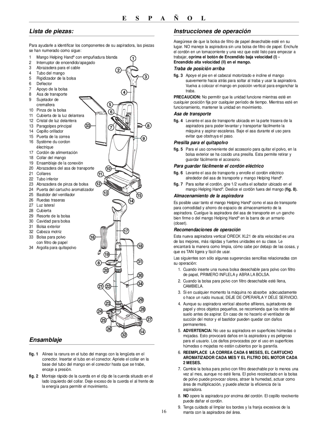 Oreck 600 ECC, XL21 600 ECB warranty Lista de piezas, Ensamblaje, Instrucciones de operación 