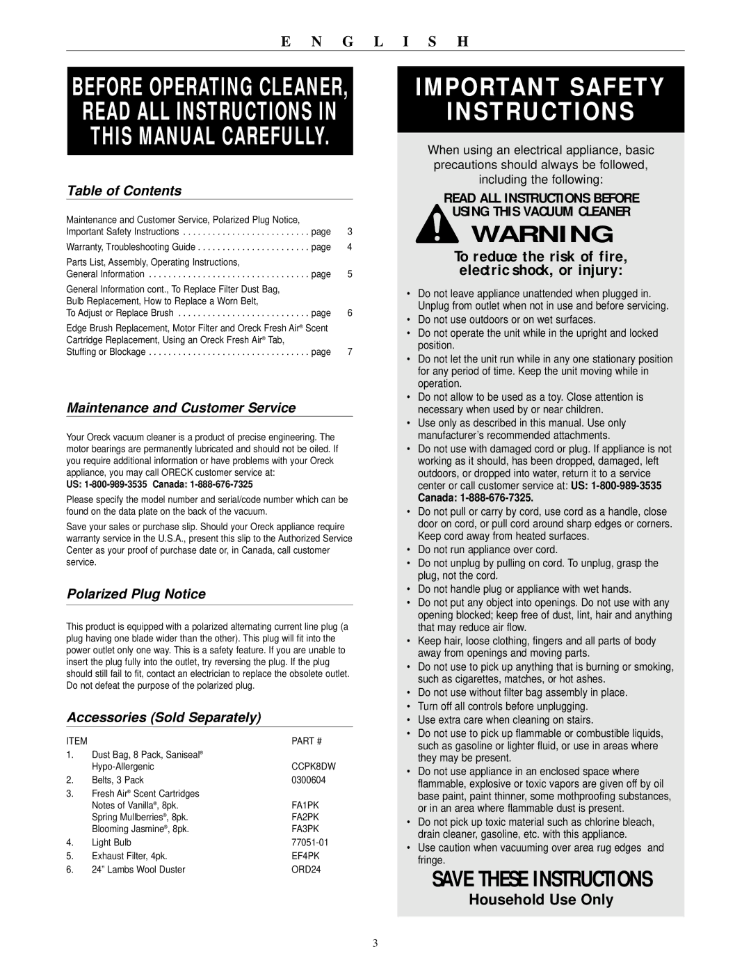 Oreck XL21 600 ECB Table of Contents, Maintenance and Customer Service, Polarized Plug Notice, Accessories Sold Separately 