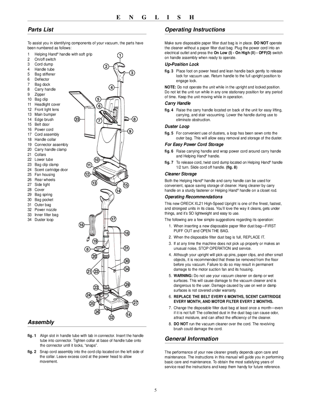 Oreck XL21 600 ECB, 600 ECC warranty Parts List, Assembly, Operating Instructions, General Information 