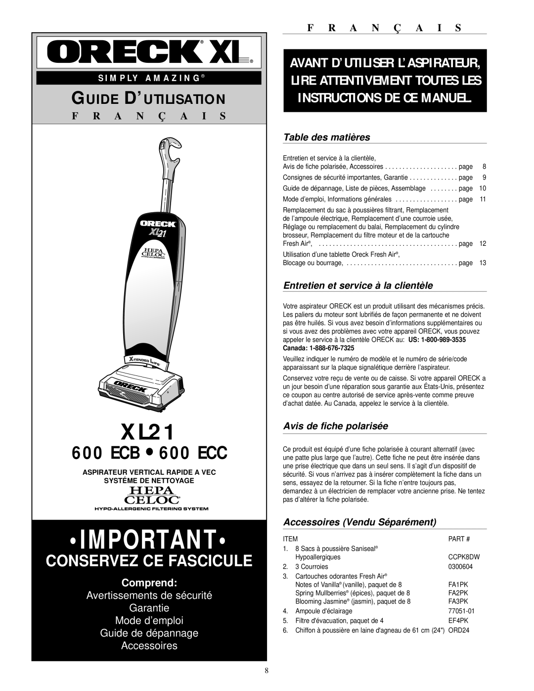 Oreck 600 ECC, XL21 600 ECB Table des matières, Entretien et service à la clientèle, Avis de fiche polarisée, Canada 