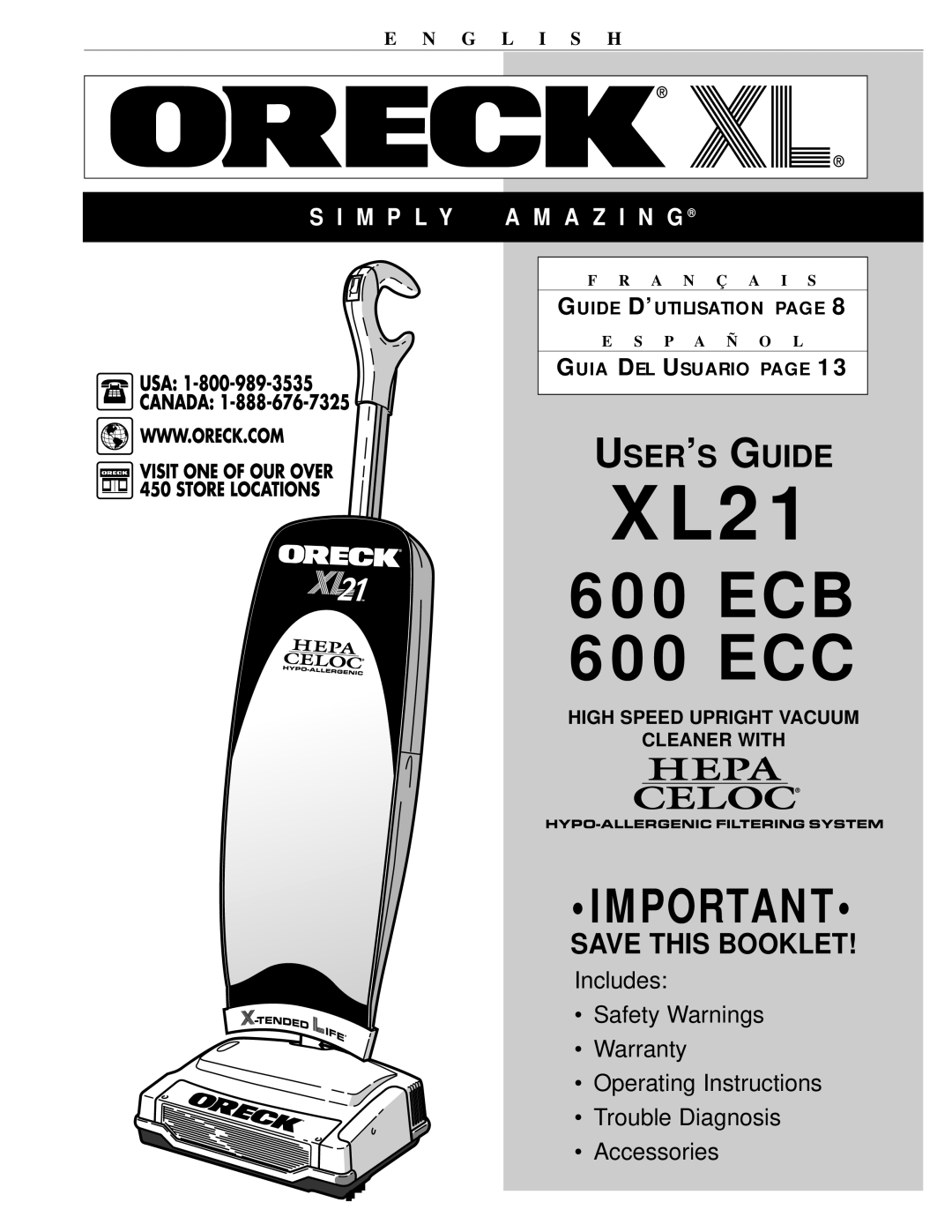 Oreck warranty E N G L I S H, High Speed Upright Vacuum Cleaner With, Guide D’Utilisation Page, XL21, ECB 600 ECC 