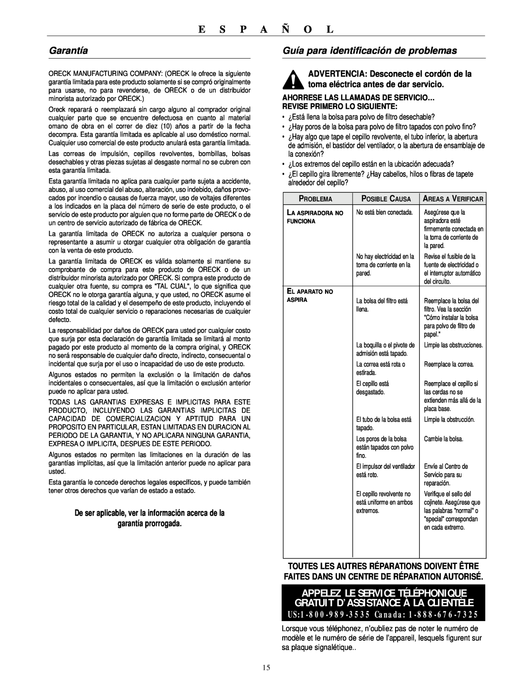 Oreck XL21 600 ECB Garantía, Guía para identificación de problemas, E S P A Ñ O L, Ahorrese Las Llamadas De Servicio… 