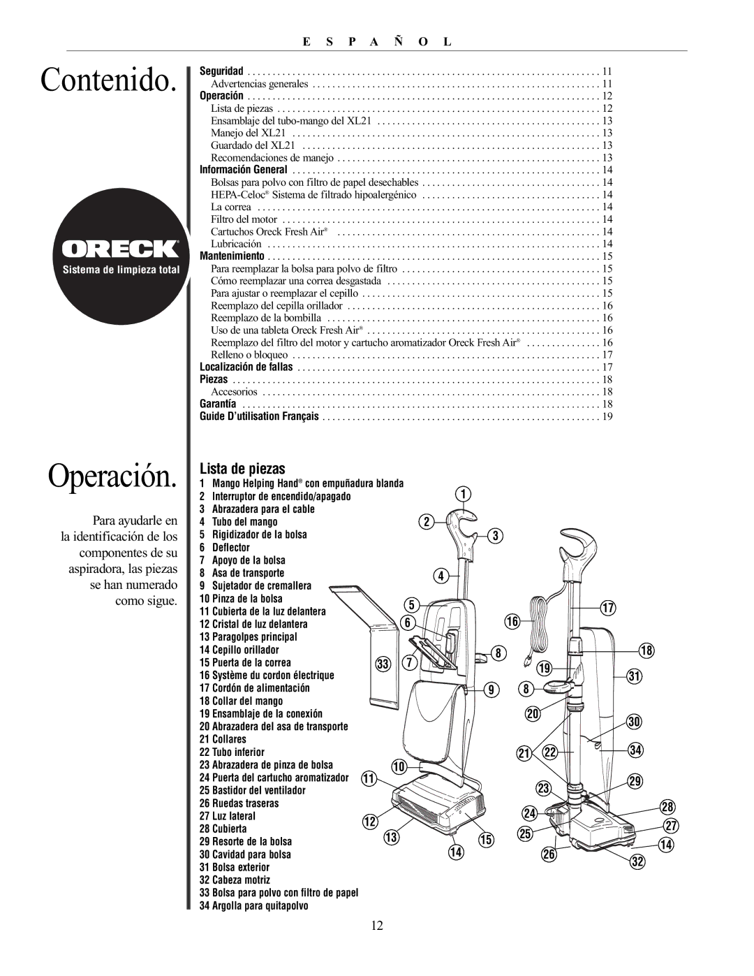 Oreck XL21 manual Contenido, Operación, Lista de piezas 