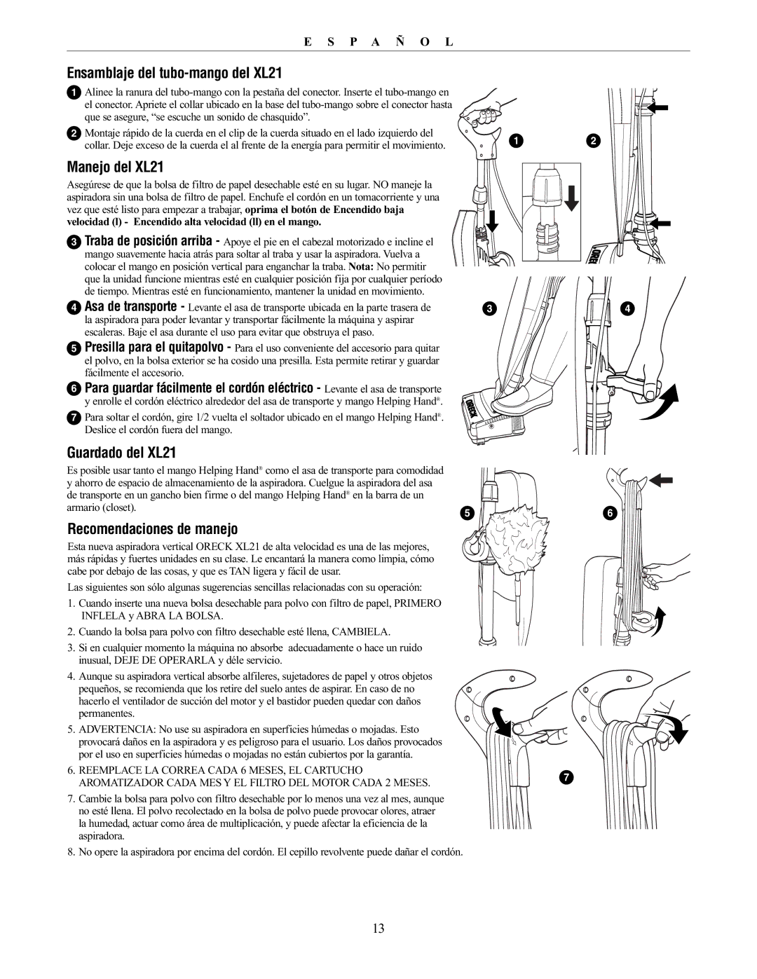 Oreck manual Ensamblaje del tubo-mango del XL21, Manejo del XL21, Guardado del XL21, Recomendaciones de manejo 