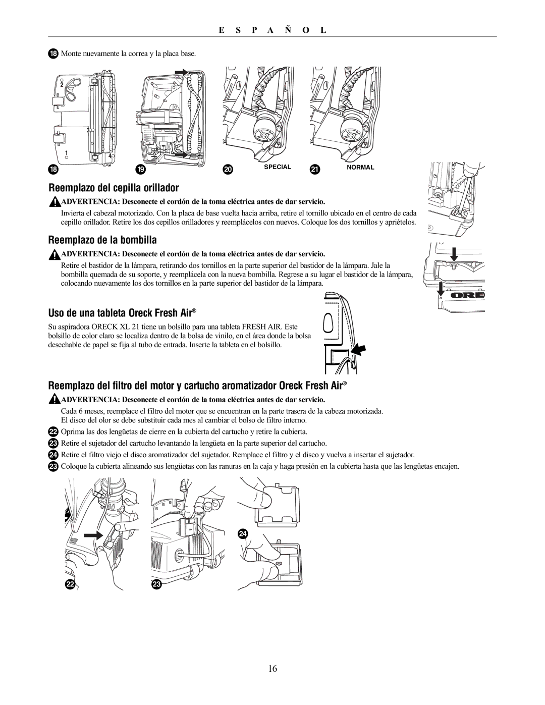 Oreck XL21 manual Reemplazo del cepilla orillador, Reemplazo de la bombilla, Uso de una tableta Oreck Fresh Air 