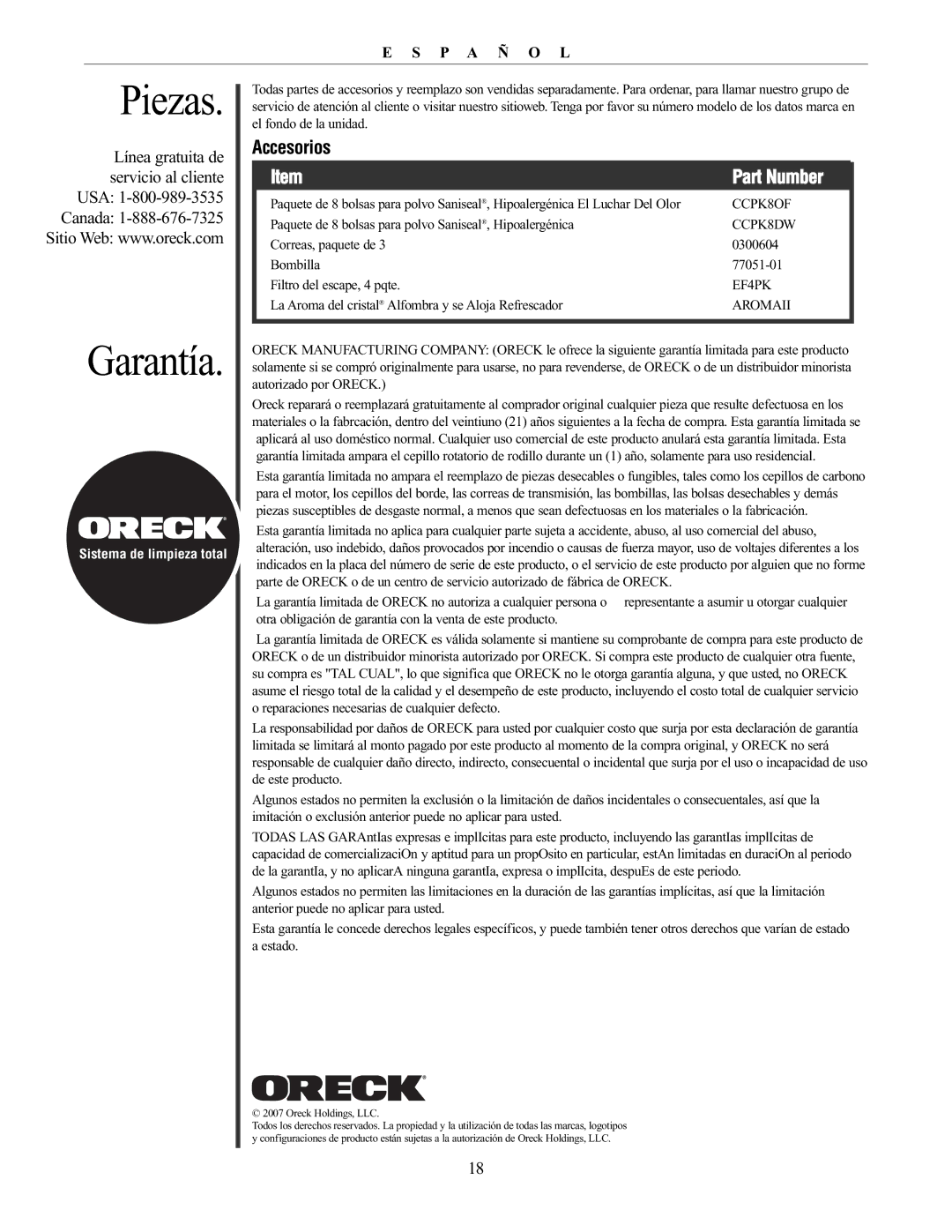 Oreck XL21 manual Piezas, Garantía, Accesorios 