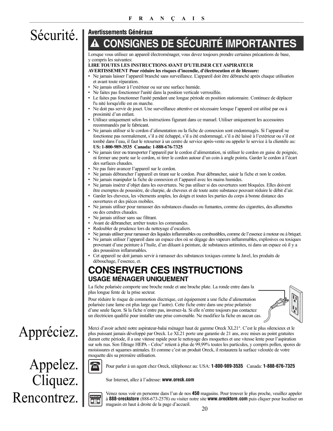 Oreck XL21 manual Sécurité Appréciez Appelez Cliquez Rencontrez, Avertissements Généraux 