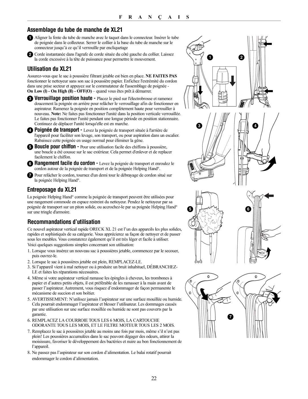 Oreck Assemblage du tube de manche de XL21, Utilisation du XL21, Entreposage du XL21, Recommandations d’utilisation 