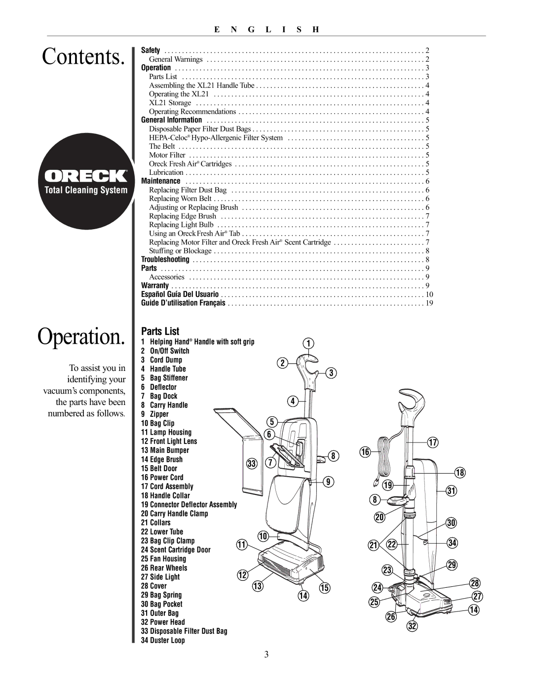 Oreck XL21 manual Contents, Operation 