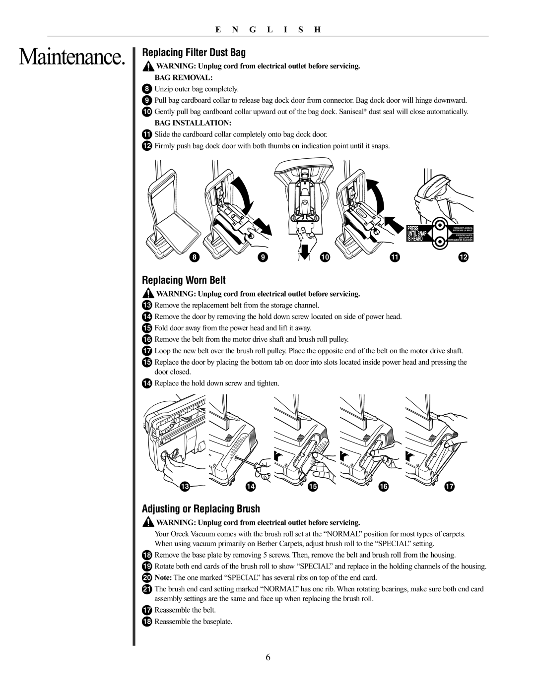 Oreck XL21 Replacing Filter Dust Bag, Replacing Worn Belt, Adjusting or Replacing Brush, BAG Removal, BAG Installation 