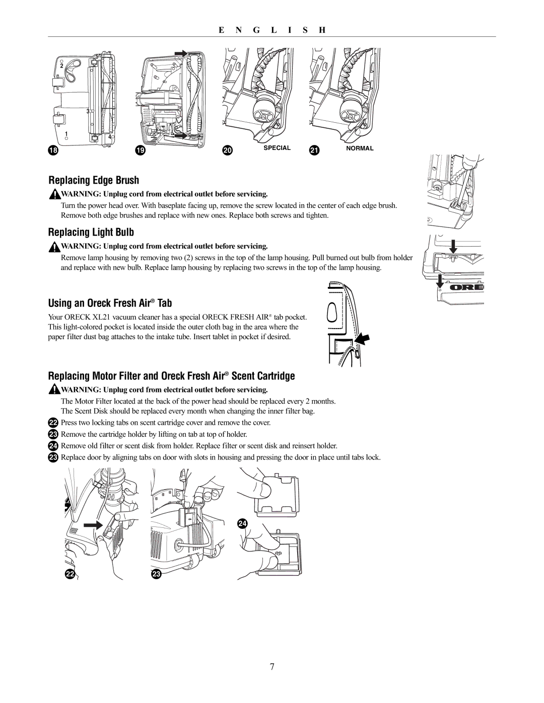 Oreck XL21 manual Replacing Edge Brush, Replacing Light Bulb, Using an Oreck Fresh Air Tab 