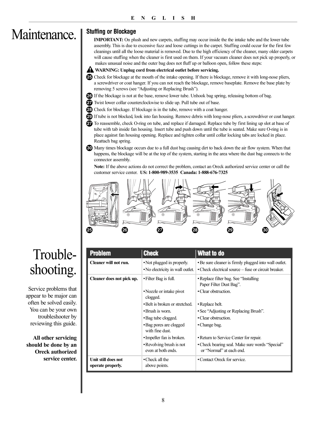 Oreck XL21 Stuffing or Blockage, Customer service center. US 1-800-989-3535 Canada, Cleaner will not run, Operate properly 