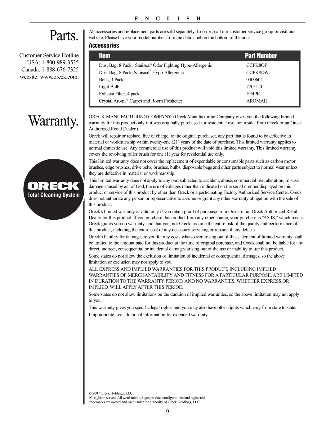 Oreck XL21 manual Parts, Warranty, Accessories 