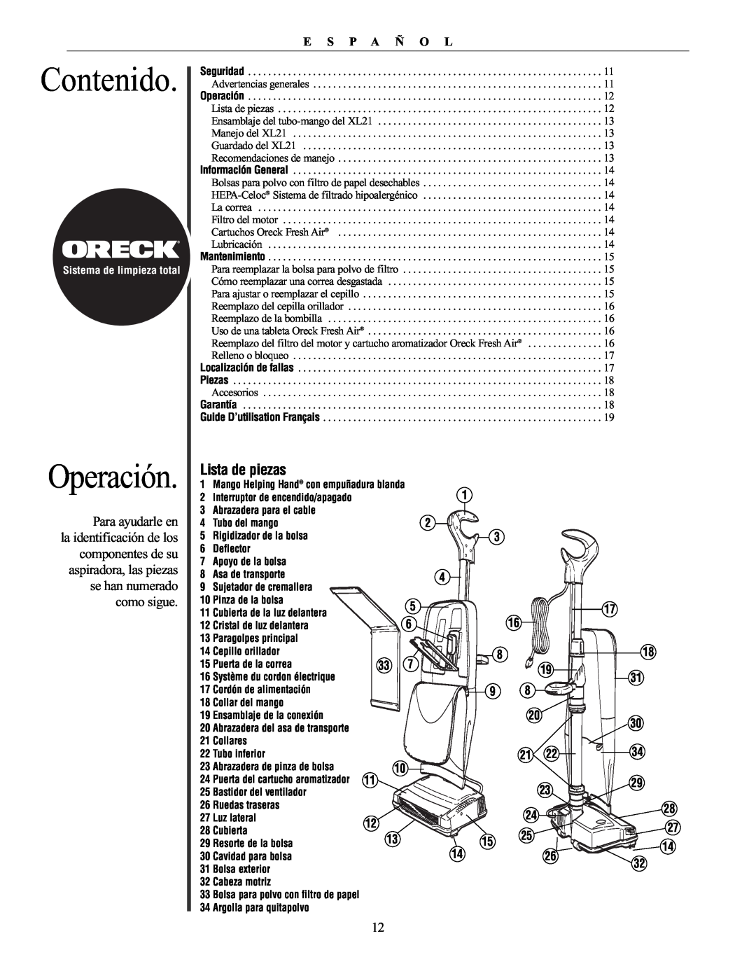 Oreck XL21 manual Contenido, Operación, Lista de piezas, E S P A Ñ O L 