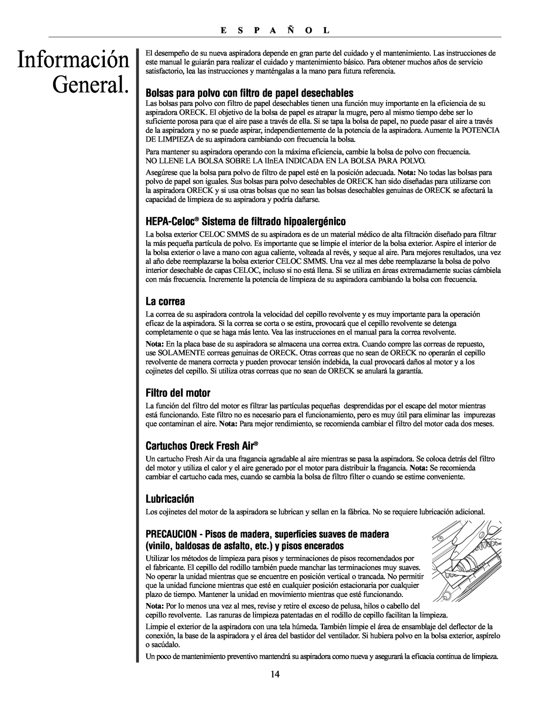Oreck XL21 manual Información General, Bolsas para polvo con filtro de papel desechables, La correa, Filtro del motor 