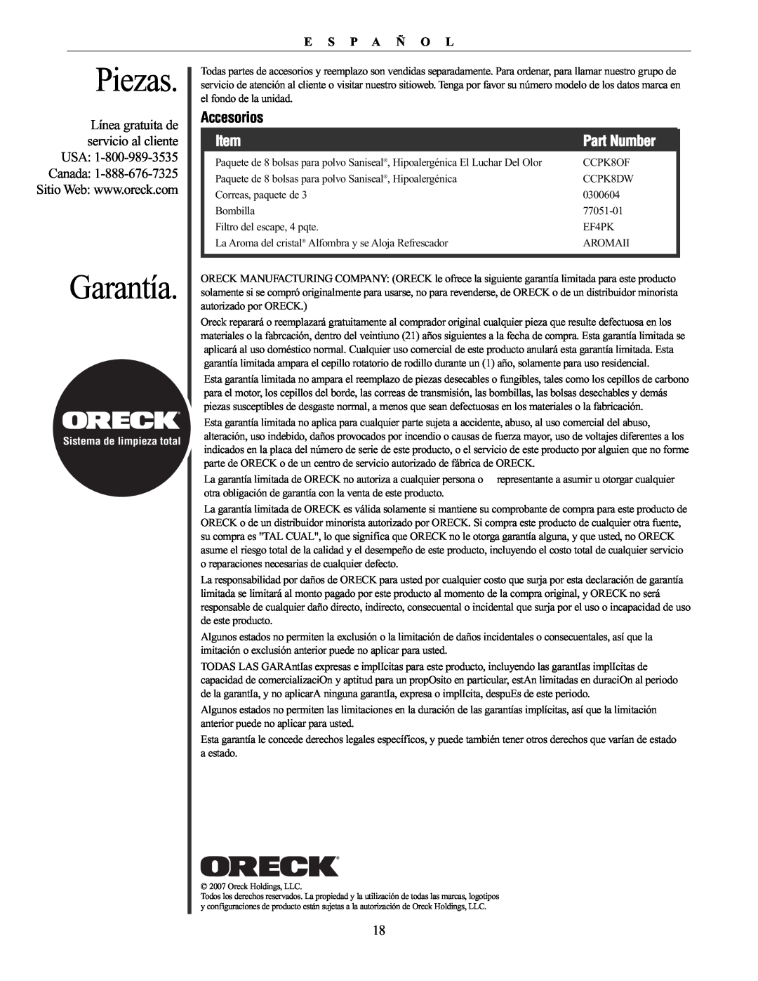 Oreck XL21 manual Piezas, Garantía, Accesorios, Part Number, Línea gratuita de servicio al cliente USA, E S P A Ñ O L 