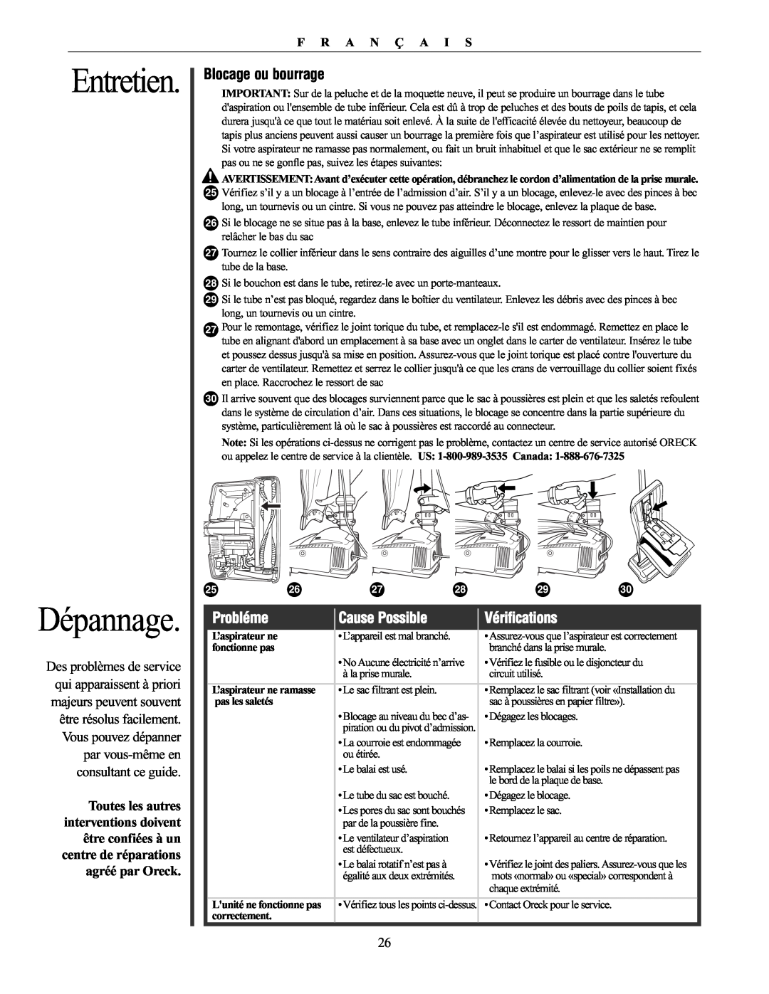 Oreck XL21 manual Dépannage, Blocage ou bourrage, Probléme, Cause Possible, Vérifications, Entretien, F R A N Ç A I S 