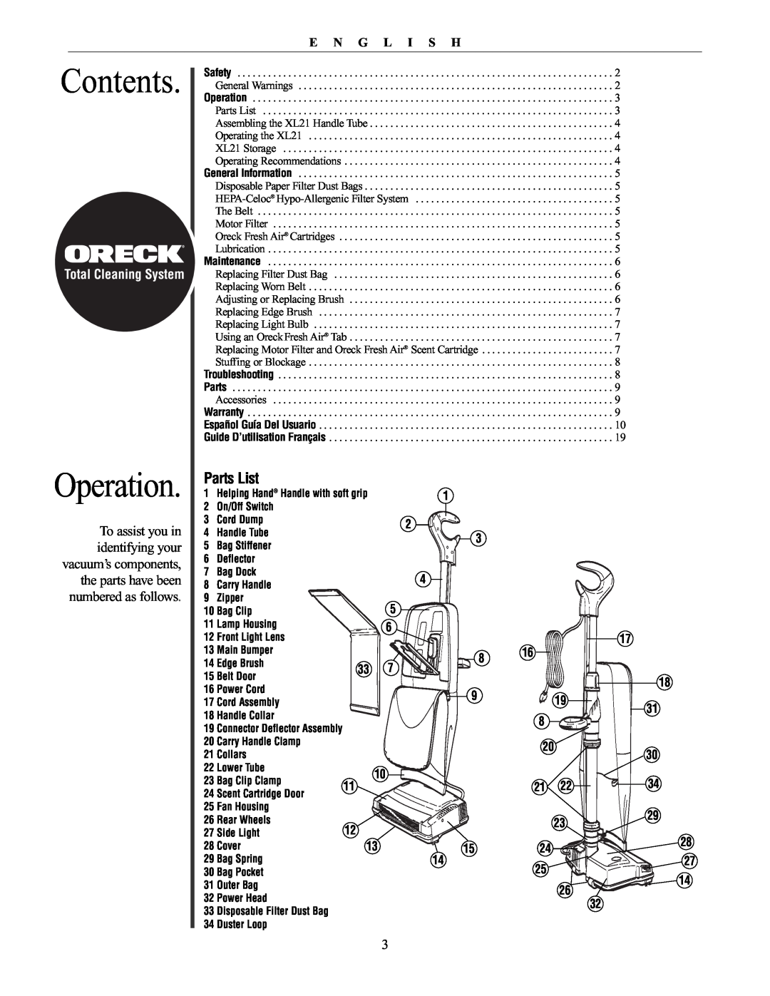 Oreck XL21 manual Contents, Operation, Parts List, E N G L I S H, Total Cleaning System 