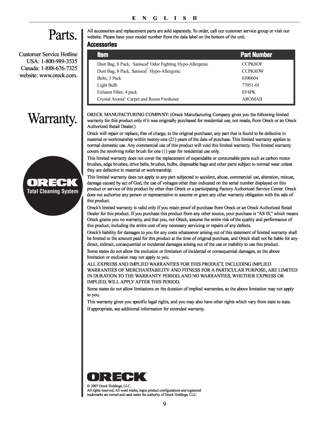 Oreck XL21 manual Parts, Warranty, Accessories, Usa, Canada, E N G L I S H, Total Cleaning System, Part Number 