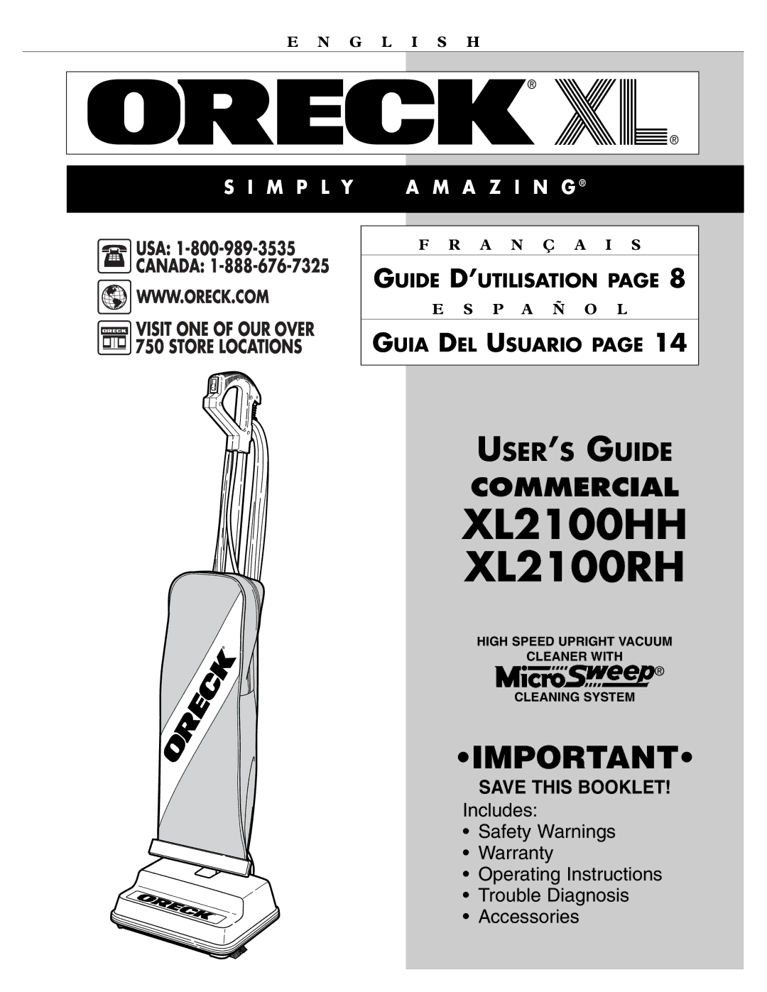 Oreck warranty XL2100HH XL2100RH 