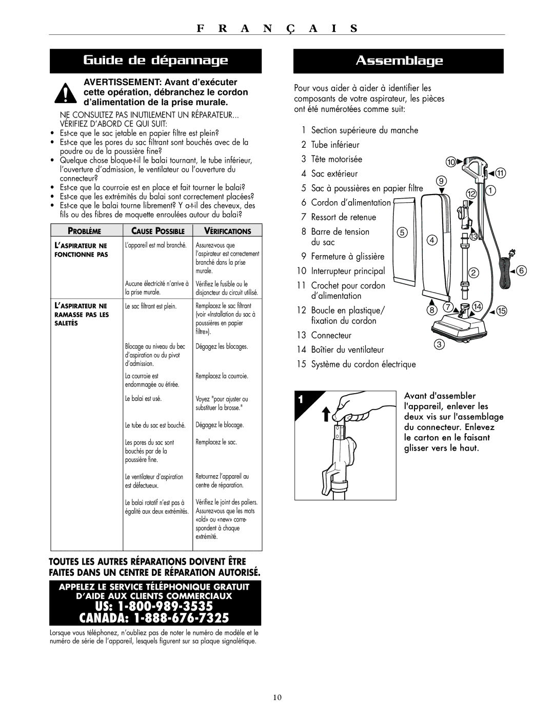 Oreck XL2100HH, XL2100RH warranty Guide de dépannage, Assemblage, Cordon d’alimentation, Système du cordon électrique 